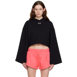 MSGM Black Embroidered Cropped Hoodie 231443F097001