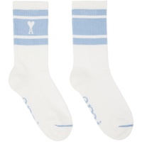Ami Paris White & Blue Ami de Coeur Striped Socks 231482F076003
