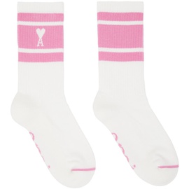 Ami Paris White & Pink Ami de Coeur Striped Socks 231482F076004