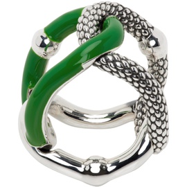 보테가 베네타 Bottega Veneta Silver & Green Intreccio Chain Ring 231798F024004