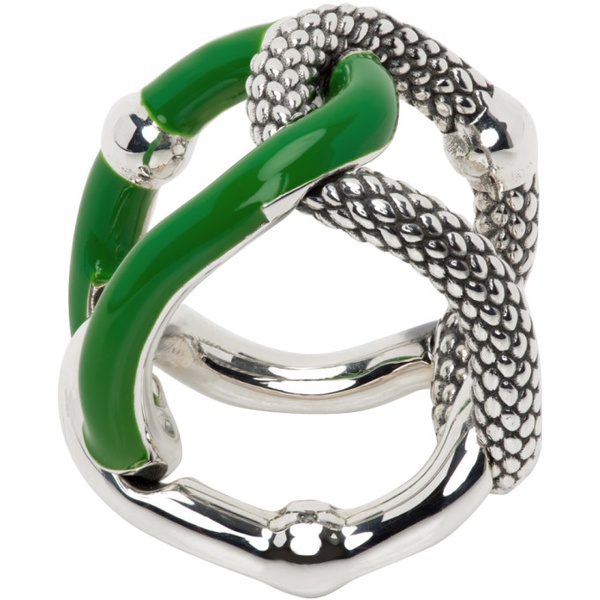 보테가베네타 보테가 베네타 Bottega Veneta Silver & Green Intreccio Chain Ring 231798F024004