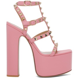 발렌티노 Valentino Garavani Pink Rockstud T-Strap Heeled Sandals 231807F125143