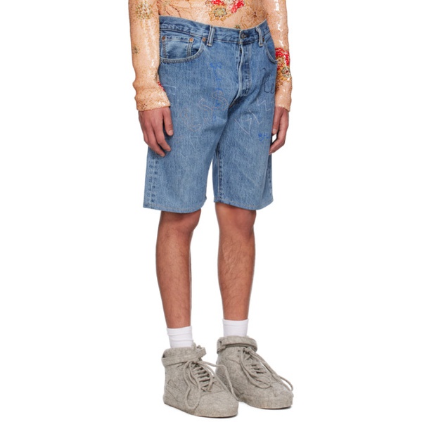  Bless Blue Embroidered Denim Shorts 231852M193001