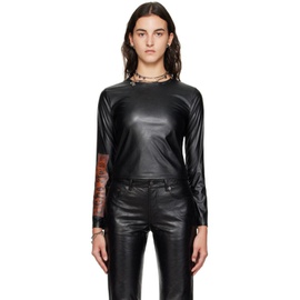 아크네 스튜디오 Acne Studios Black Crewneck Faux-Leather Long Sleeve T-Shirt 232129F110038