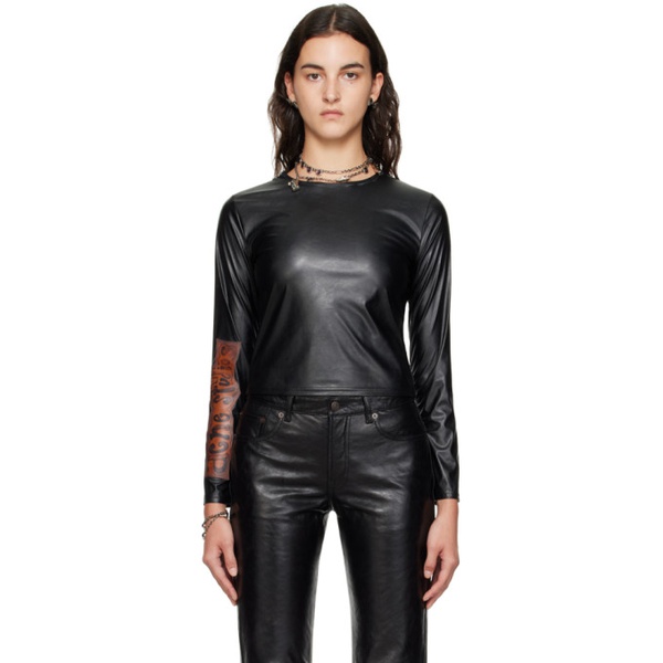 아크네스튜디오 아크네 스튜디오 Acne Studios Black Crewneck Faux-Leather Long Sleeve T-Shirt 232129F110038