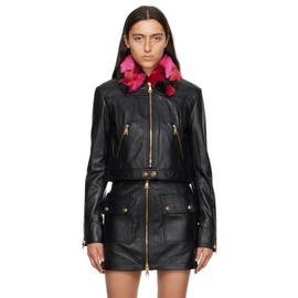 베르사체 진 꾸뛰르 베르사체 Versace Jeans Couture Black Spread Collar Leather & Faux-Fur Jacket 232202F064001