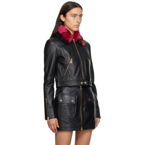 베르사체 베르사체 진 꾸뛰르 베르사체 Versace Jeans Couture Black Spread Collar Leather & Faux-Fur Jacket 232202F064001
