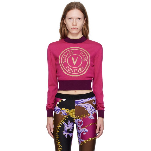 베르사체 베르사체 진 꾸뛰르 베르사체 Versace Jeans Couture Pink V-Emblem Sweater 232202F096001