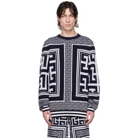 발망 Balmain White & Navy Monogram Sweater 232251M201000