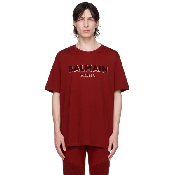 발망 발망 Balmain Red Flocked T-Shirt 232251M213016