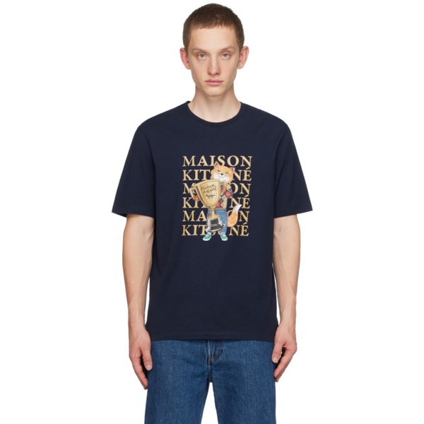 메종키츠네 Maison Kitsune Navy Champion Fox T-Shirt 232389M213043