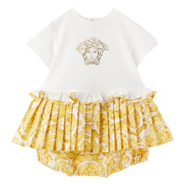 베르사체 Versace Baby White & Yellow Barocco Dress & Bloomers 232404M691001