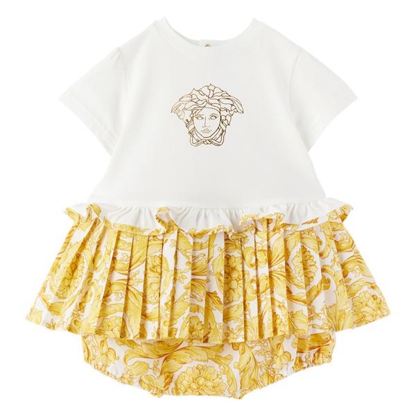 베르사체 베르사체 Versace Baby White & Yellow Barocco Dress & Bloomers 232404M691001