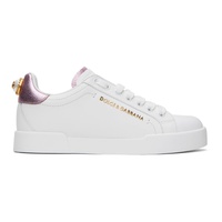 Dolce&Gabbana White & Pink Nappa Calfskin Portofino Lettering Sneakers 241003F128010