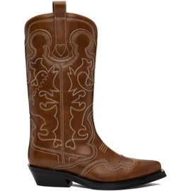 가니 GANNI Brown Mid Shaft Embroidered Western Boots 241144F114006