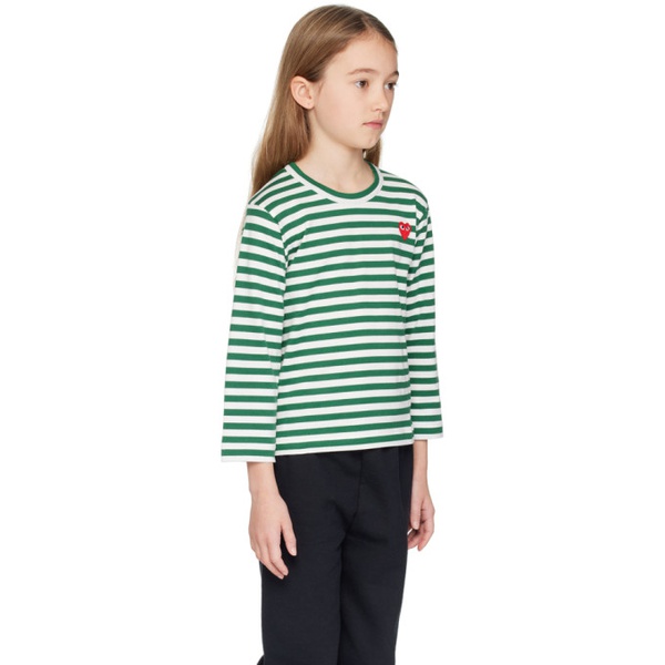  COMME des GARCONS PLAY Kids White & Green Heart Patch Long Sleeve T-Shirt 241246M703008