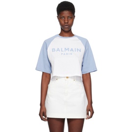 발망 Balmain White & Blue Raglan Sleeve T-Shirt 241251F110005