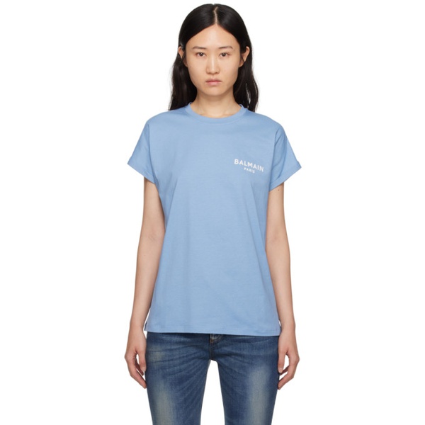 발망 발망 Balmain Blue Flocked T-Shirt 241251F110011