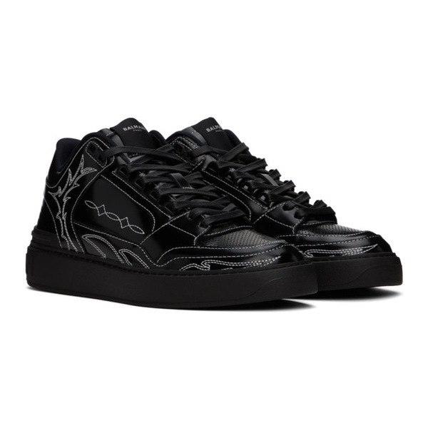 발망 발망 Balmain Black B-Court Mid Top Western Glazed Leather Sneakers 241251M237003