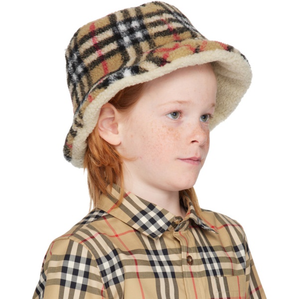 버버리 버버리 Burberry Kids Beige Check Fleece Bucket Hat 241376M716000