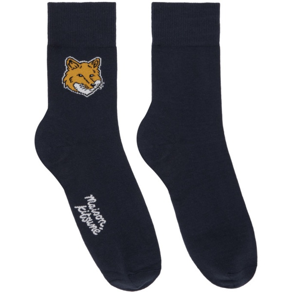 메종키츠네 Maison Kitsune Navy Fox Head Socks 241389F076001