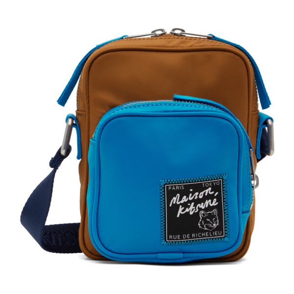 메종키츠네 Maison Kitsune Tan & Blue The Traveller Crossbody Bag 241389M171007