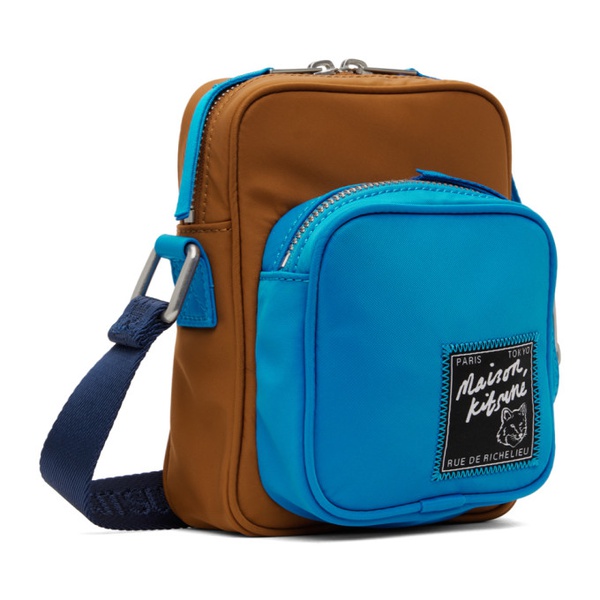 메종키츠네 Maison Kitsune Tan & Blue The Traveller Crossbody Bag 241389M171007
