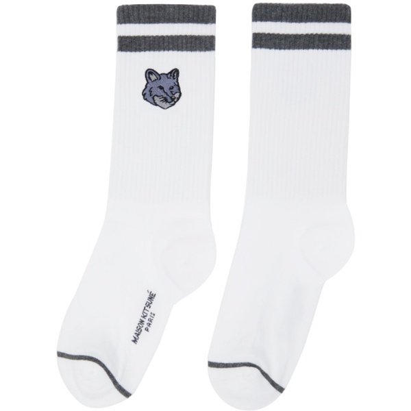 메종키츠네 Maison Kitsune White & Gray Bold Fox Head Sporty Socks 241389M220005