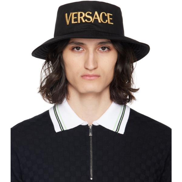 베르사체 베르사체 Versace Black Embroidered Logo Bucket Hat 241404M140002