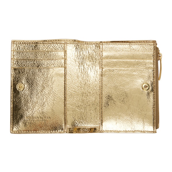보테가베네타 보테가 베네타 Bottega Veneta Gold Small Intrecciato Bi-Fold Zip Wallet 241798F040003