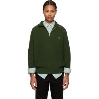 Maison Kitsune Green Bold Fox Head Patch Half Zip Ribbed Sweater 242389M202022