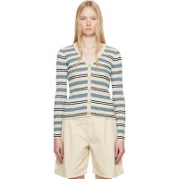 Maison Kitsune Beige & Blue Fine Rib Striped Cardigan 251389F095007