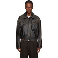 Nour Hammour Brown Clint Cropped Leather Bomber Jacket 252306F064025