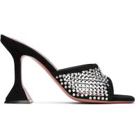 Amina Muaddi Black Lupita Crystal Net Heeled Sandals 252415F125023