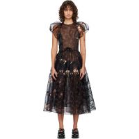 Simone Rocha Black Sheer Puff Sleeve Patchwork Flounce Midi Dress 261405F055000