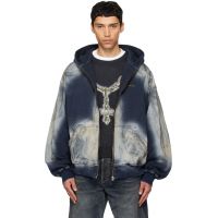 We11done Blue Zip-Up Dirty Denim Jacket 261327M177000