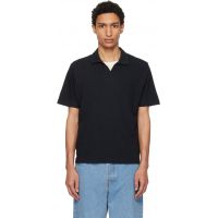 Merz b. Schwanen Black Linen-Cotton Relaxed Fit Polo 261328M212007