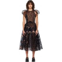 Simone Rocha Black Sheer Puff Sleeve Patchwork Flounce Midi Dress 261405F055000
