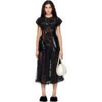 Simone Rocha Black Patchwork Cap Sleeve Ruffle Detail Midi Dress 262405F055015