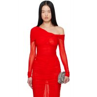 Mugler Red Off-Shoulder Ruched Bodysuit 251345F055000