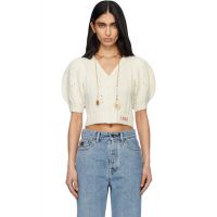 Chloe White Puff-Sleeve Wool & Cashmere Knit Cardigan 252338F095002