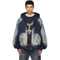 We11done Blue Zip-Up Dirty Denim Jacket 261327M177000