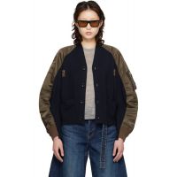 Sacai Green & Navy Nylon Twill Knit Cardigan 261445F095007