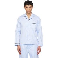 Tekla Blue Sateen Long-Sleeved Pyjama Shirt 261482M218009