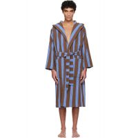 Tekla Brown & Blue Terry Hooded Bathrobe 261482M219004