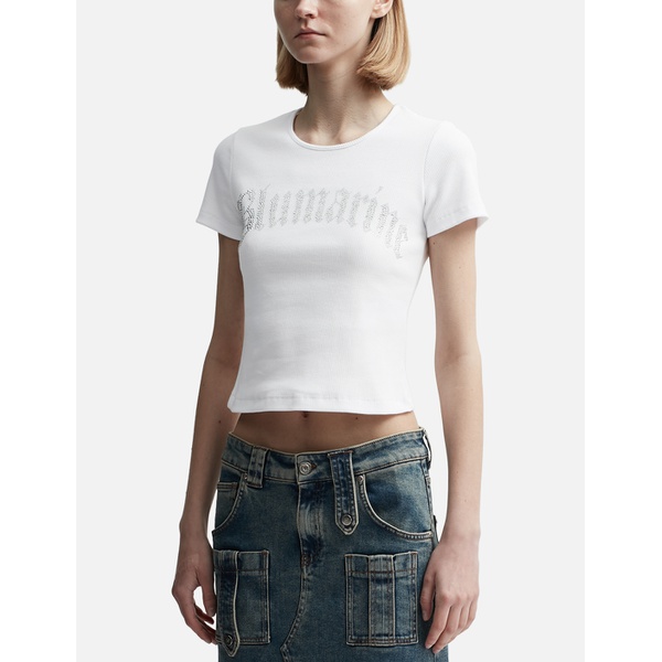  Ribbed T-Shirt with 블루마린 Blumarine Logo in Rhinestones 912333