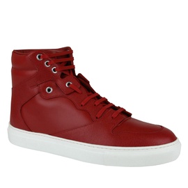 발렌시아가 Balenciaga Mens Hi Top Dark Red Leather / Coated Canvas Sneaker 5136279961732