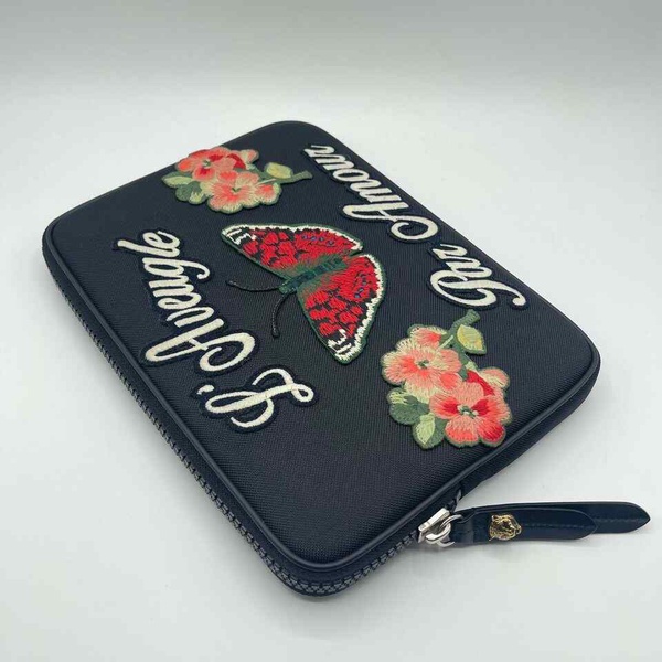 구찌 구찌 Gucci Womens Black Techno Canvas Embroidered Butterfly iPad Case Clutch 7199122718852
