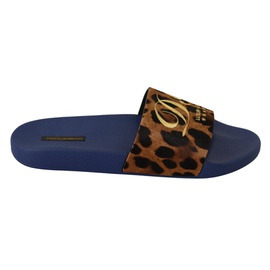 Dolce Gabbana Blue Brown Leopard Logo Rubber Slides Slippers Shoes 6982082003076