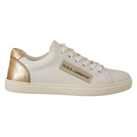 돌체앤가바나 Dolce & Gabbana Elegant White Leather Sneakers with Gold Womens Accents 7199892832388